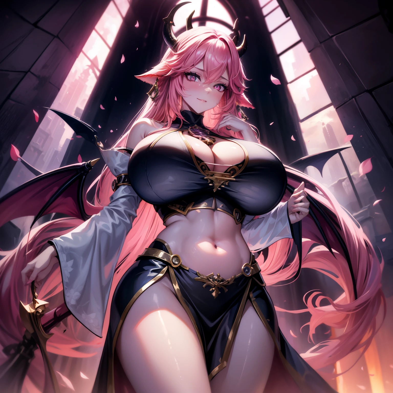 A female demon milf with black demon horn with wet dress, transparent dress getting wet, visible belly button, visible belly, ((demon horn)), extremely long pink rapunzel hair, ((Rapunzel pink hair)), white eyes of the devil., ((white eyes)), voluminous body with huge breasts and bust, ((huge breast and bust)), Magnificent beautiful bright cathedral, wicked and empty look, no shine in the eyes, looking at the viewer, prominently on your legs and breasts;, highlighting breasts and hair, sexy pose, sexualized pose, realistic breast grip, sysie high definition details, photography, insight, Unique 850 4, Koda850 k portrait camera, Spring F1.6 , rich colors, super realistic texture, spectacular light texture, surreal art, Cinestil 800 fashion mechanism