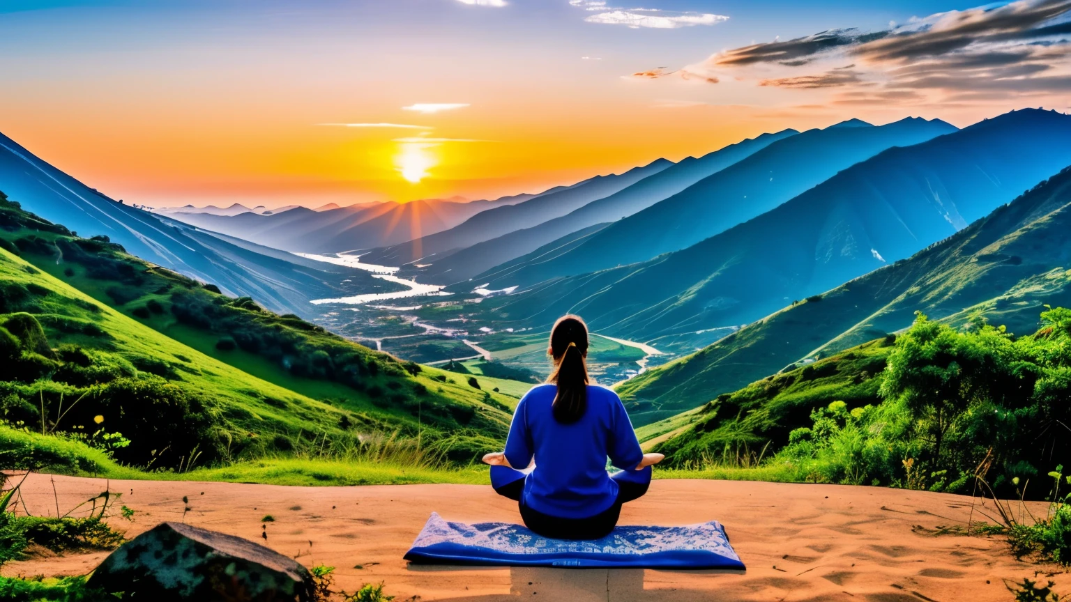 uma pessoa meditando com fundo de uma paisagem
