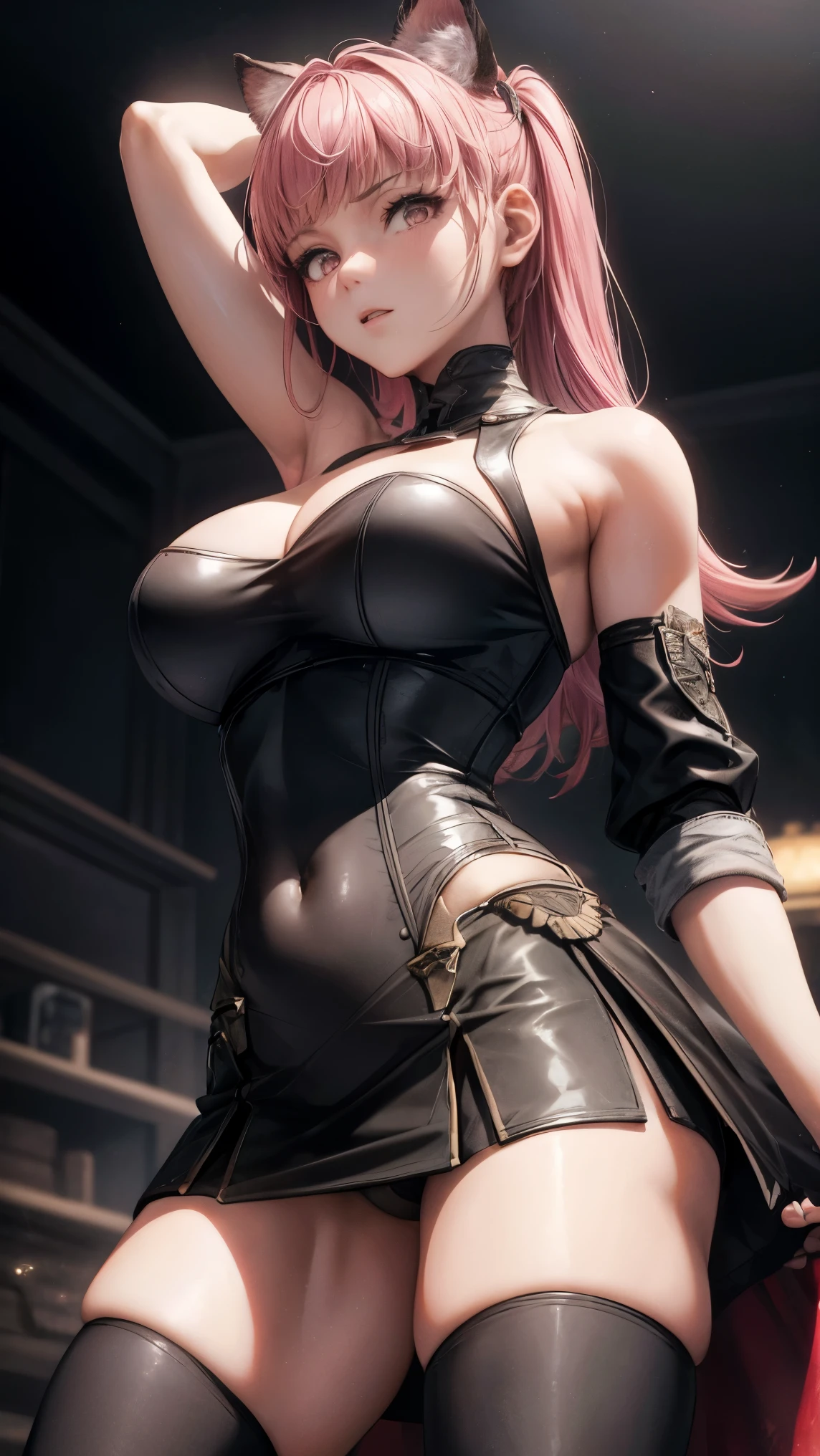 ((best quality)), ((masterpiece)), (detail:1.4), 3D,human development report（high dynamic range）,Ray tracing,NVIDIA RTX,super resolution,Unreal 5,subsurface scattering、PBR texture、post processing、Anisotropic filtering、depth of field、Maximum clarity and sharpness、multi-layer texture、Albedo and specular maps、surface coloring、Accurately simulate the interaction of light with materials、Perfect proportion、octane rendering、Dichroic light、Large aperture、Low ISO、white balance、rule of thirds、8K original、from below，teenager，Cats，Raised ????、obsessed、High、Beautiful waist、????????????? 、radiant skin、White skin、very long hair，pink hair，smooth hair，stand，looking at the audience，???????????，Thin leather deep V jumpsuit miniskirt，take off shoulders，clavicle，cleavage，skirt lift，from below，????? peek，Proud，court