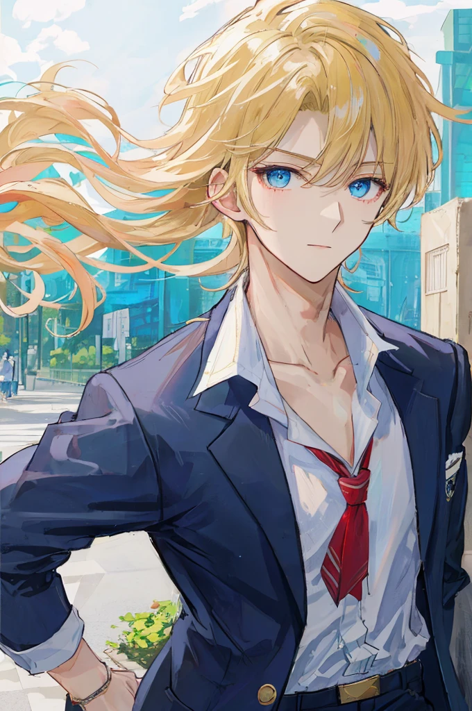 a handsome man,adult,blond,blue eyes,clavicle,school uniform,long trousers,park background,(masterpiece),(highest quality),