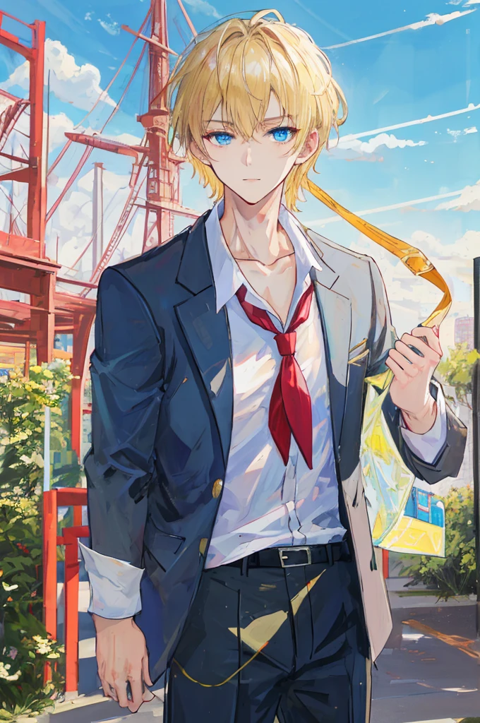 a handsome man，adult，blond，blue eyes，clavicle，school uniform，long trousers，park background，(masterpiece)，(highest quality)，