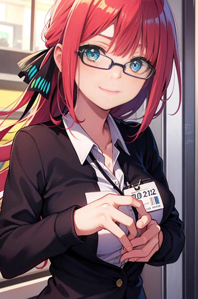 ninonakano, nino nakano, long hair, one woman,bangs, blue eyes, hair ornaments, hair ribbon, pink hair, blunt bangs, butterfly hair ornaments,smile,Low ponytail,big breasts , OL, red glasses, Fundo, black suit jacket, collared jacket, white dress shirt, collared shirt, neckline, button, strap, ID card on neck, black pencil skirt, black pantyhose,Kurobuchi glasses,company(office),break looking at viewer, break (masterpiece:1.2), highest quality, High resolution, unity 8k wallpaper, (figure:0.8), (beautiful and fine eyes:1.6), highly detailed face, perfect lighting, Very detailed CG, (perfect hands, perfect anatomy),