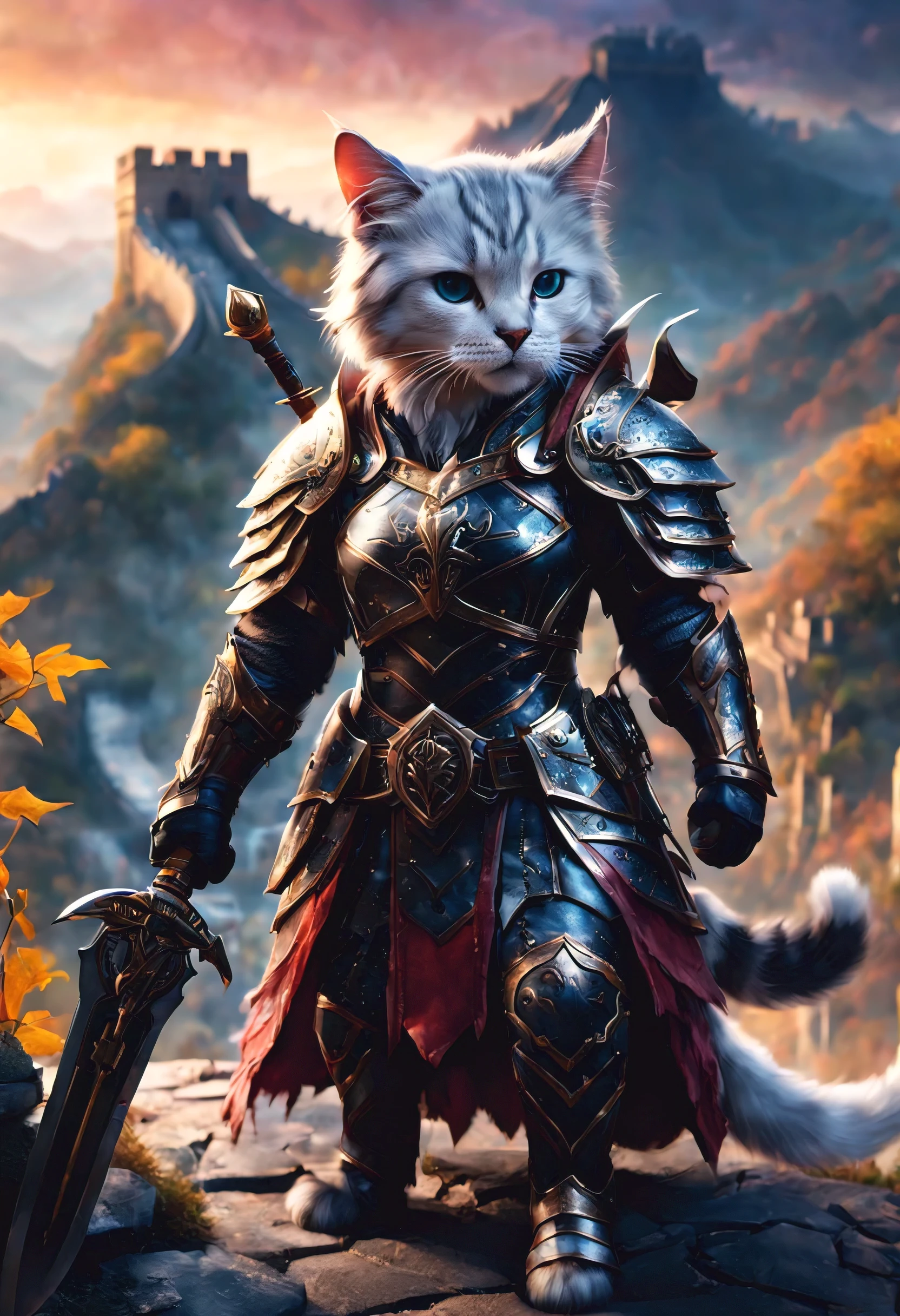 official art, unified 8k wallpaper, super detailed, Beautiful and beautiful, masterpiece, best quality, Costume animals page, Dirk Fintas，watching a film《lord of the ring》style of，Real-world scenarios，Epic war scenes，(cute cat warrior:1.2), (whole body), Put on exquisite armor，Holding a long sword，In battle，(The Great Wall background:1.3)，(cool color:1.3)，texture，Ray tracing，