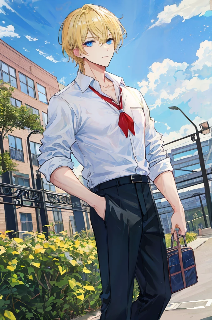 a handsome man，adult，blonde，blue eyes，clavicle，school uniform，long trousers，park background，(masterpiece)，(highest quality)，
