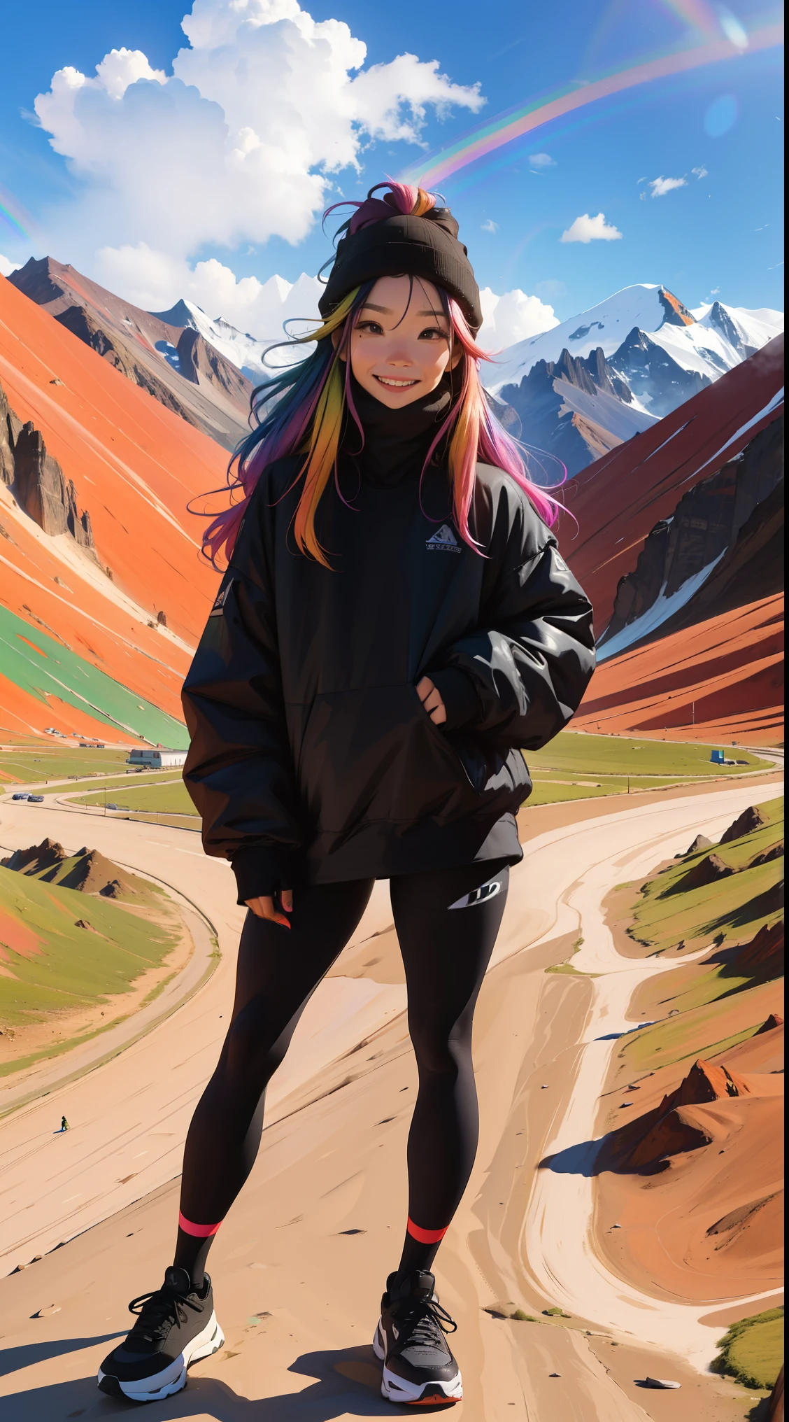 funny grimacing posture, In Vinicunca, mountains of all colors, rainbow mountain, Beautiful girl, UHD Portrait, (high quality) (ultra detail) Observation of viewers wearing black clothes on the street in hip-hop style; another, colourful, long hair 🌈