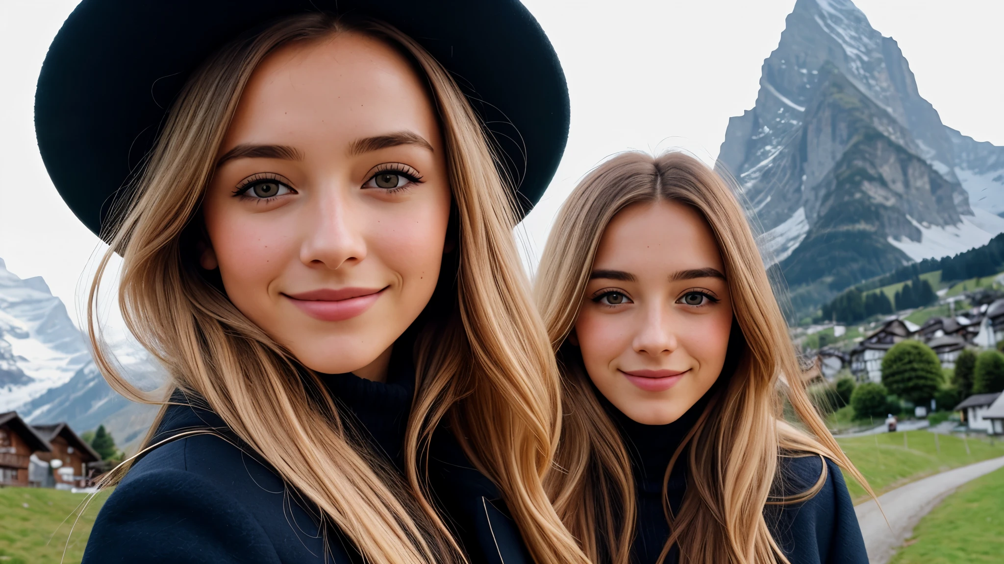 Instagram pictures, 1French Girl, Shoulder length hair, with light blonde hair, Close-up photo, coat, The background is the village of Grindelwald...., Switzerland, smile a little,