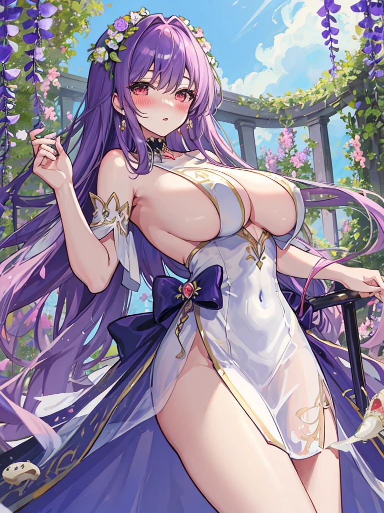 A woman with big ，goddess，Noble and elegant，clavicle，tulle dress，Prominent and smooth underboob，exquisite，pubic，innominate bone，(blush:1.2)，Under the wisteria flowers，