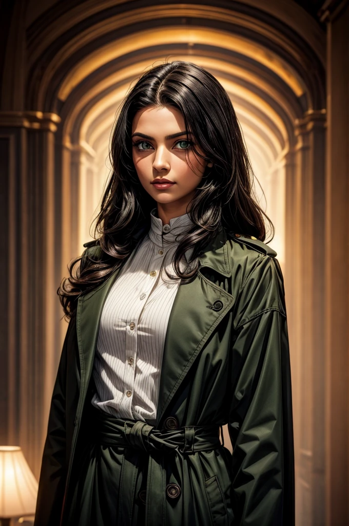 female wearing a black closed buttoned up black trench coat from the 1930's style, 5 foot 5 inches tall, slim body build, waist-length wavy brunette black hair, bright green eyes, 28 age, ethnicity india, ethnicity middle eastern.