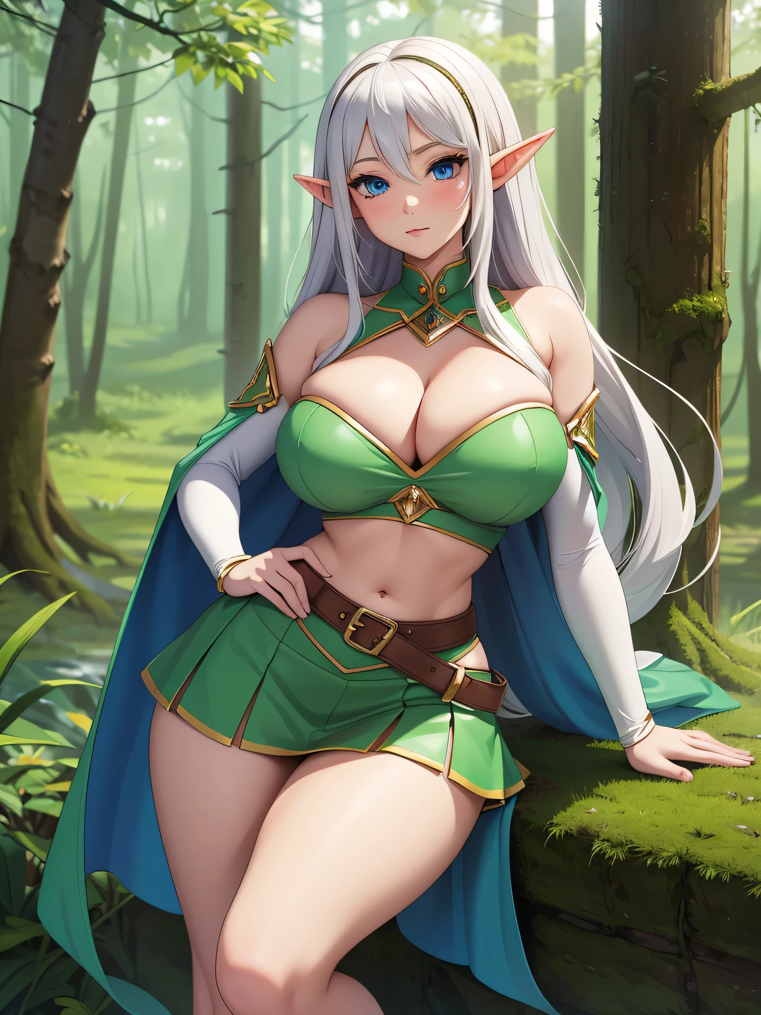 super high image, super detail, super high resolution, best quality, (full body image), ((anime)), (((masterpiece))), , (((elf girl))), (16years old),(pretty face), (perfect body), (hourglass body shape), (high quality hands), ((long glossy silver white hair)), (beautiful eyes), ((massive breasts:1.0)), (showing cleavage), (sexy), (((fantasy elf outfit))), sexy expression, (((erotic pose))), (thin waist:1.1), (wide hips:1.1), (thick ass:1.0), ((short skirt)), ((in a forest))