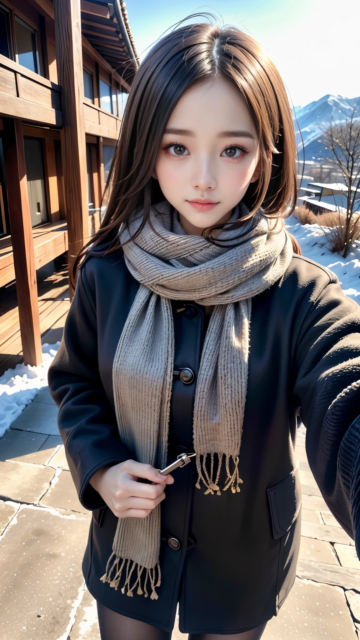 (Close up portrait of one girl with coat with scarf in winter uniform:1.5), (8k, RAW photo, best quality, masterpiece), (realistic, photo-realistic), ultra-detailed, high quality, professional lighting, physically-based rendering photo of 18 years woman, (1girl:1.3), (Japanese idol:1.3), (kawaii:1.3), (cute face:1.3), (floral print micro-bikini), (short hair, dark brown hair), (high detailed skin:1.2), (ultra delicate face, ultra Beautiful fece, ultra delicate black eyes, ultra detailed nose, ultra detailed mouth), (Walking along a mountain trail), full body shot, sharp focus