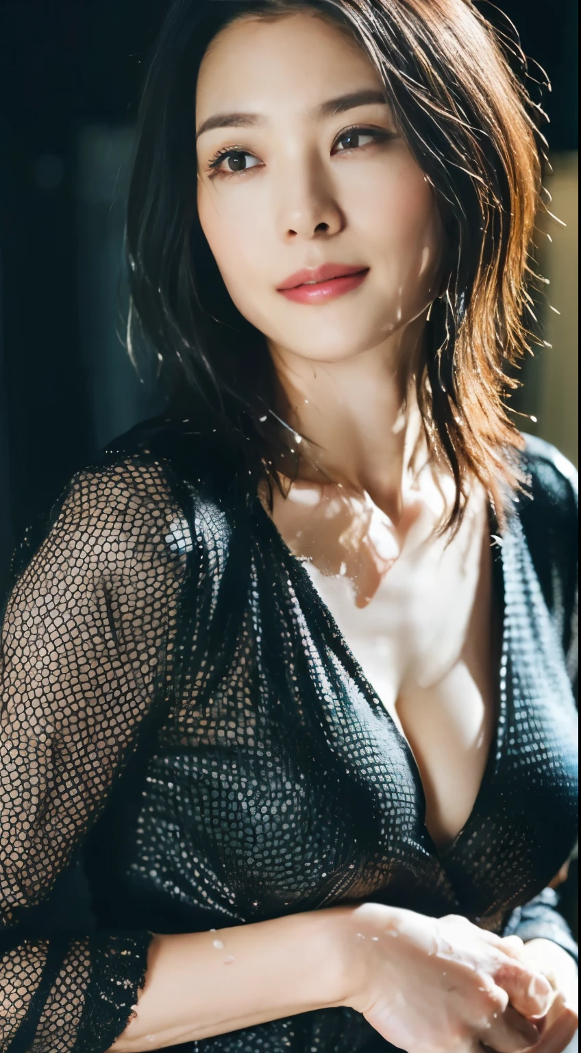 (8K, RAW photo, highest quality, masterpiece: 1.2), Super detailed, super resolution, (genuine, genuine photos: 1.37), portrait, High-definition RAW color photo, professional photos, 非常に詳細で美New, very detailed, 8K wallpapers, amazing details, huge file size, official art, very detailed CG Unity 8K wallpapers, very detailed beautiful girls, very detailed facesHighly detailed eyes, very fine skin, very detailed fingers, very detailed nose, very detailed detailed mouth, perfect anatomy, detailed background, fine clothes, one girl, (20:1.2), 20th generation, cute girl, genuineistic body, , white skin, glowing skin, Because I&#39;m slender, black hair, short hair, (dull bangs: 1.2), smile, cute, like々New, cute face, genuineistic face, delicate eyes, sagging eyes, ((Black Mesh Tight Suit)), (No bra)))), ((wet body)), ((wet hair)), (悲New表情)))), (((sexy and dynamic pose)), See-through, necklace, earrings, looking at camera, cowboy shot, contrasting, dynamic lighting, C cup breasts,