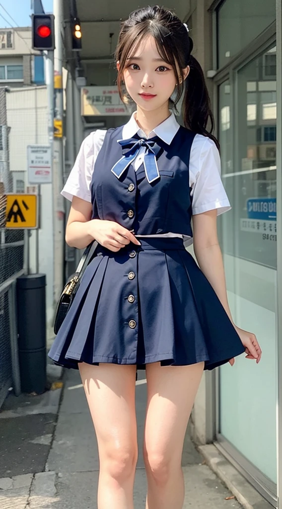 Japanese、Japanese arcade female clerk、Super beautiful woman、(((small face)))、The color has faded and the roots of the hair are black and the tips of the hair are blonde.、ponytail、Uniform too small、Blouse with short sleeves、flashy makeup、Ribbon bow tie、(((A short length navy blue cloth vest with all buttons fastened.)))、Super short pleated skirt in navy blue、navy blue socks、white sneakers、cowboy shot、white panties、The wind blows up the pleated skirt(((white pantiesを履いた股間が露出)))do、Amazing clerk、