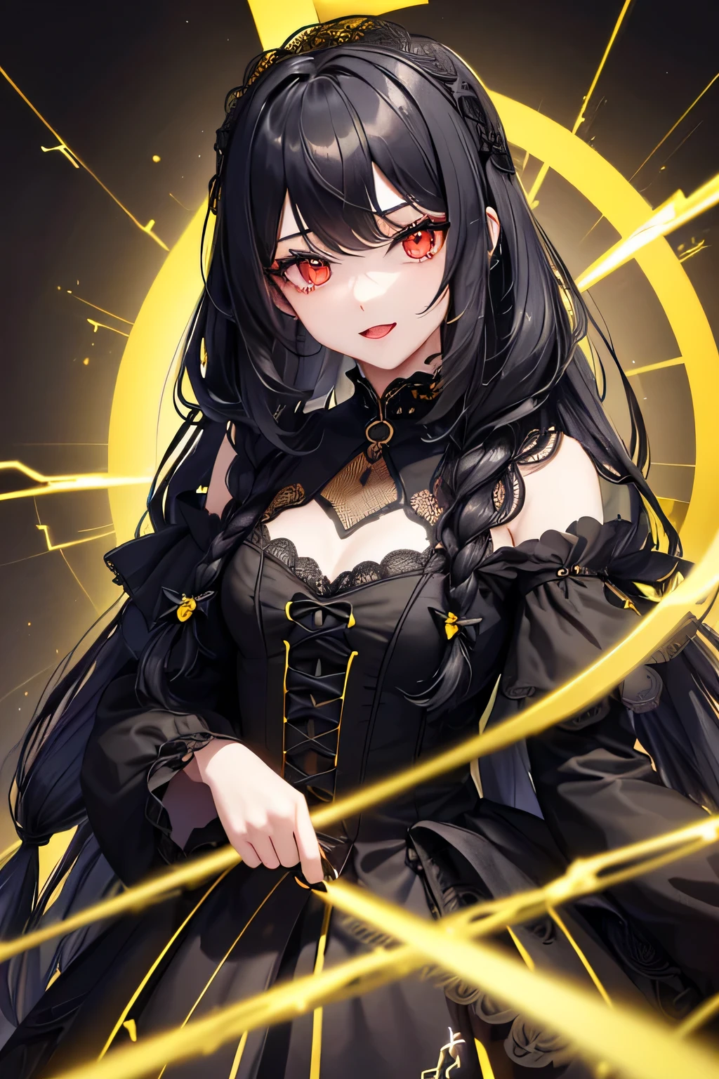 1 girl,Depp's Sense,confused,catch light,Super beautiful illustration,(yellow,electric lightning),((black color,long hairstyles:1.3)),dark dark eyeshadow,bright red lipstick,Gothic Lolita,;d,beautiful and delicate hair,(((delicate and detailed red eyes))),yellowく輝く光の効果,Lightning has
