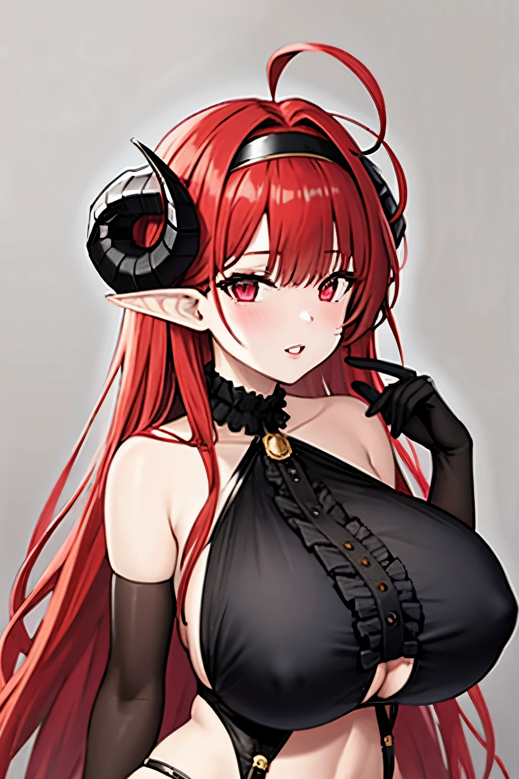 1girl, pointy ears, horns, solo, red hair, long hair, red eyes, bare shoulders, looking at viewer, huge breasts, gloves, elbow gloves, ahoge, hairband, black gloves, underboob, upper body, demon girl, hair intakes, very long hair, frills, slit pupils, parted lips,(shiny skin),(mature female:1.2),hindenburg \(azur lane\),