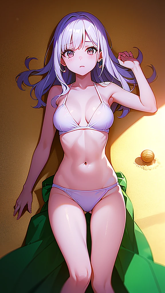 masterpiece, best quality, 1 solo girl, white hair, redeyes, wavy hair, long hair, medium breasts, mature body and face, white bikini, jewelry, hair ornament, earrings, ball, lying at the sand, white sand, summer, cowboy shots, sexy pose, dakimakura, detailed body, face, and eyes, sharp focus, vibrant, creative, dynamic, high definition, high resolution, 8k, (Upscale: R-ESRGAN 4x+ Anime6B), (Image enchance:4x), voluptuous body, summer girl,