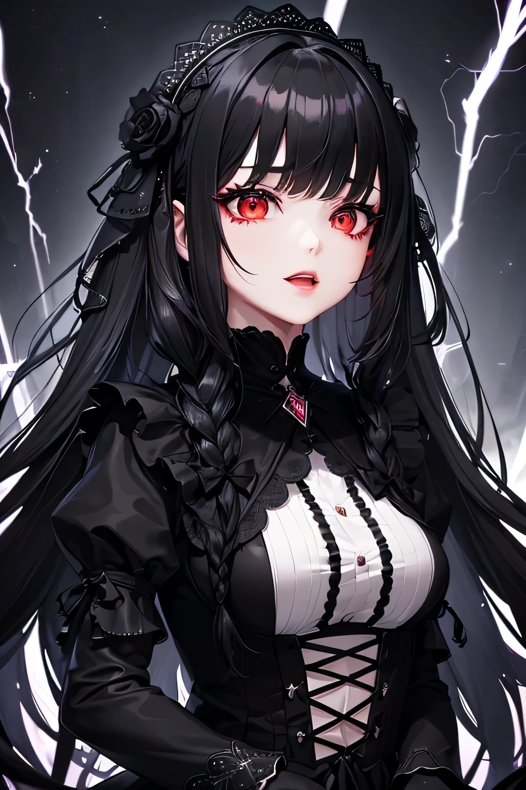 1 girl,Depp's Sense,confused,catch light,Super beautiful illustration,electric lightning,(black color,long hairstyles:1.3),dark dark eyeshadow,bright red lipstick,Gothic Lolita,;d,beautiful and delicate hair,delicate and detailed red eyes,yellow glowing light effect,Lightning has