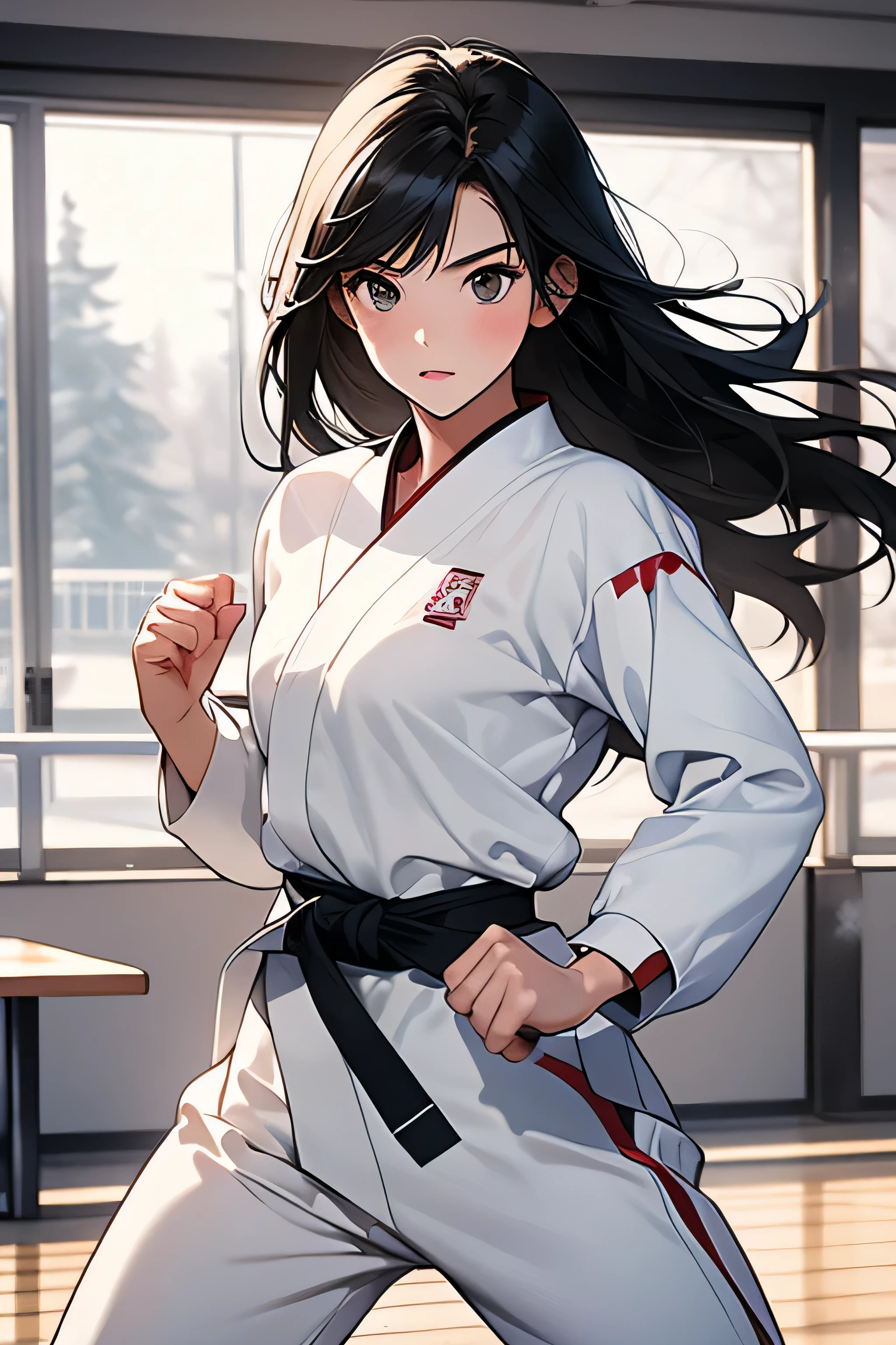 Female ,black hair,Plain clothing,Pure white karate uniform,white collar,Karate Stance,,fighting girl,martial arts,alone, 1 girl, looking at the viewer,indoor,daytime,white long sleeve,martial arts場,white pants,Pure white clothes,Black belt,action