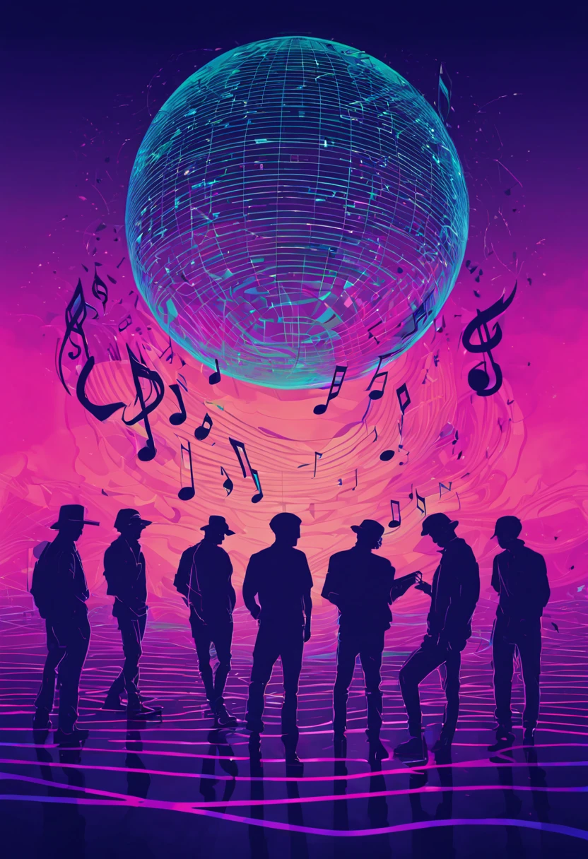 Vaporwave Aesthetic style, lines and lines,silhouette of several musical notes suspended in the air, an eighties DJ and his poineer dj set, vintage, magic, retro-futuristic, zentangle,