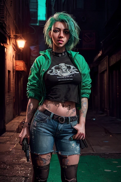 (best quality ,4k, 8k, HD render, masterpiece:1.2), ultra-detailed, (realistic, photorealistic, photo-realistic:1.37), female with black eyes, blue and green punk colored hair, fashion photography, full body portrait, standing posing urban sprawl, illustration, oppressive atmosphere, vibrant colors, soft lighting, concept art, handgun, detailed face