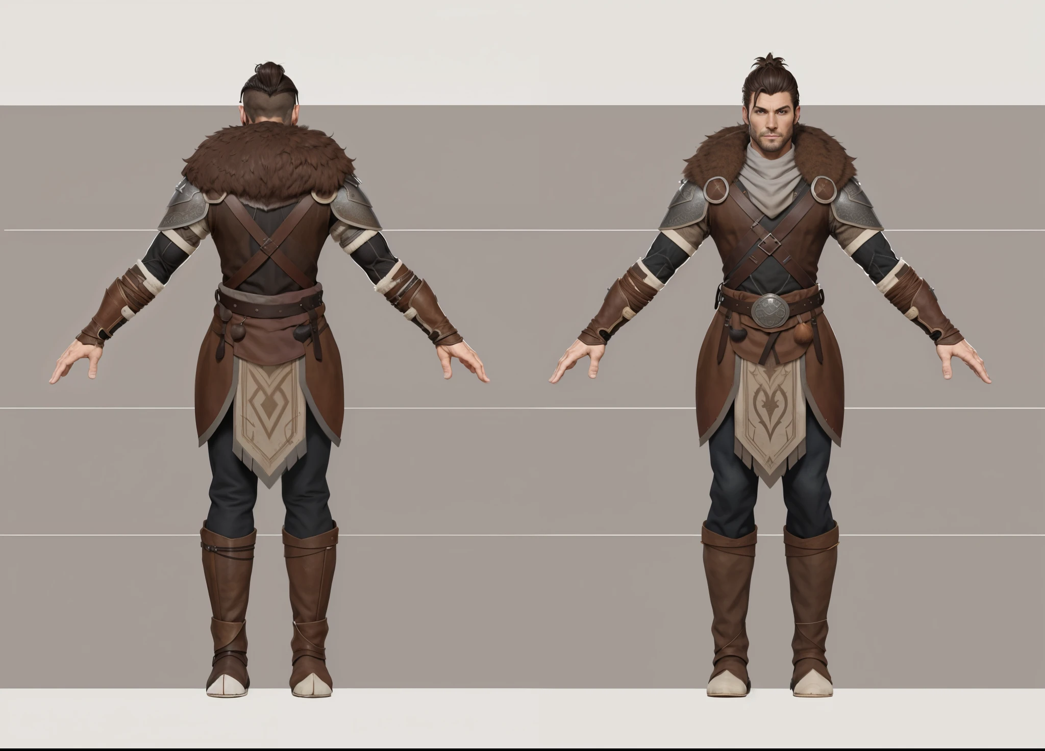 ( Realistic:1.33),(masterpiece:1.1),(highest quality:1.1),(HDR:1) a close up of a man with slickback with bun hair , full body concept, detailed full body concept, medieval style character, full body character concept, new costume concept design, full body details, detailed full body concept art, full character body, character model sheet turnaround, fullbody shot turnaround, concept character sheet, full body concept art, reference model sheet , full body concept art, hunter medieval style character, game character design, concept character, full body character concept art, 3d character reference sheet, male, video game character concept, detailed character design, character sheet, character model sheet turnaround , front and back, front and back, medieval wood armor, brown costume, ragged loincloth, ( brown fur), (Medieval glove), blown sleeve, waist leather armor, brown Shoulder Armor, grey clean background, 3D character
