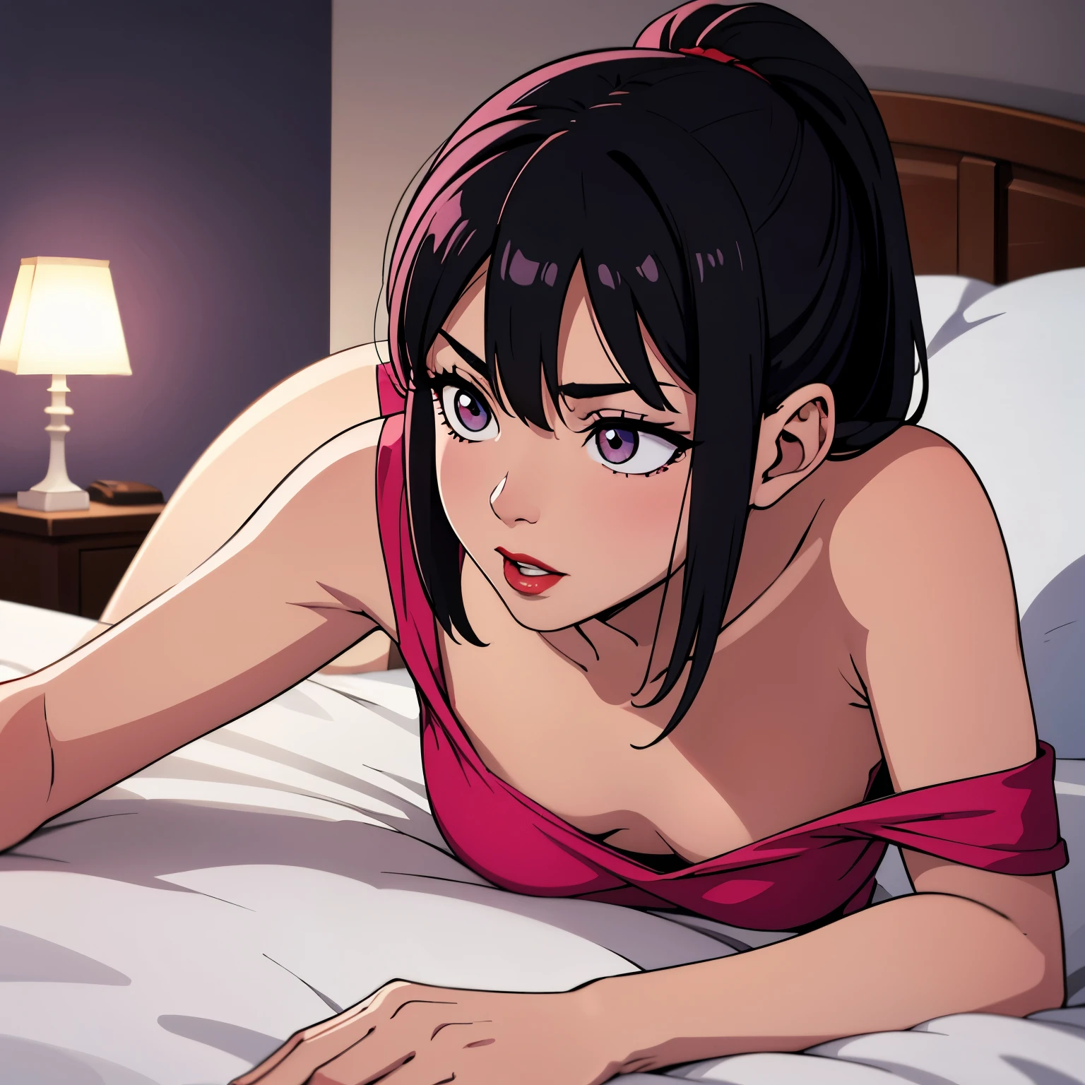 Close up shot, cute , black hair in two medium ponytails, sexy eyes, intense eye contact, small nose, red lips, orgasmic face, neck, collarbone, loose dark pink t shirt, bare shoulder, lying in bed, bed, bedroom, dark room, one lamp,, in bed