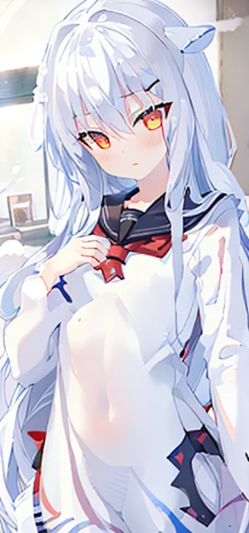 ((best quality)), ((masterpiece)), (detailed), perfect face,white hair,long hair,straight hair,Qi bangs,Long-sleeved sailor suit,White pupils,Powder mouth