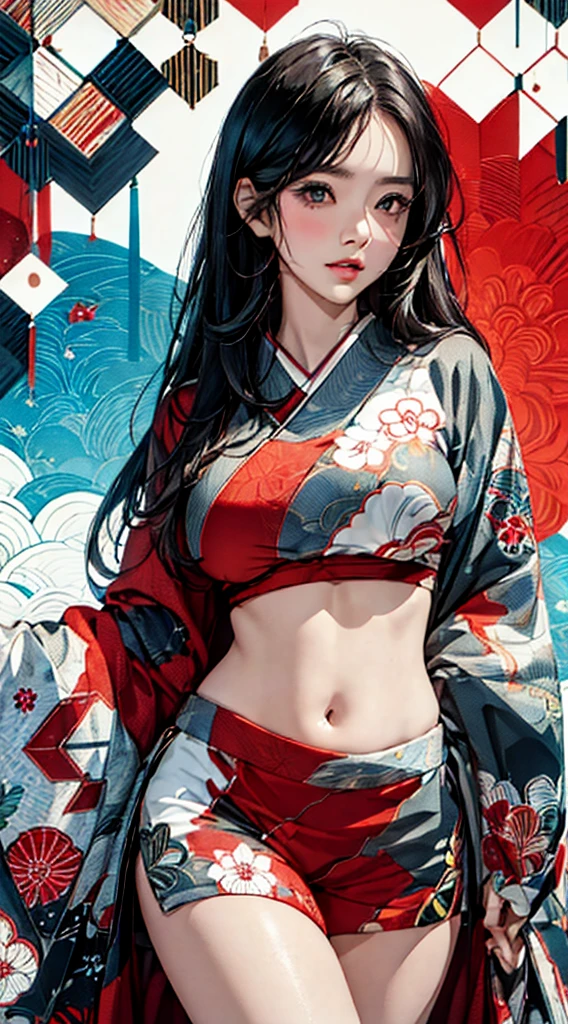((8k wallpaper of extremely detailed CG unit, ​masterpiece, hight resolution, top-quality, top-qualityのリアルテクスチャスキン)), (a very beautiful woman, Plump lips, The upper part of the body, Posing like a model:1.5, Japanese pattern haori, Japanese pattern micro mini shorts:1.2), (A dark-haired, hair messy, de pele branca, Exposed belly), ((Colorful background with geometric patterns, Japanese pattern background, warm color)), (hyper realisitic, digitial painting),