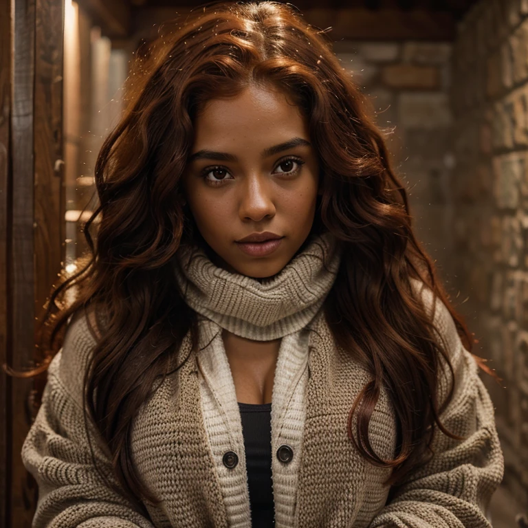 Brazilian brown skin woman curly long red hair mid 20s girl, fit, staring at the viewer, realistic wearing winter clothes somewhere in the Southwest of the UnitedStates, glowing , intense, solodramatic lightinasterpiece:1.2), best quality, high resolution, beautiful detailed, extremely detailed, perfect lighting