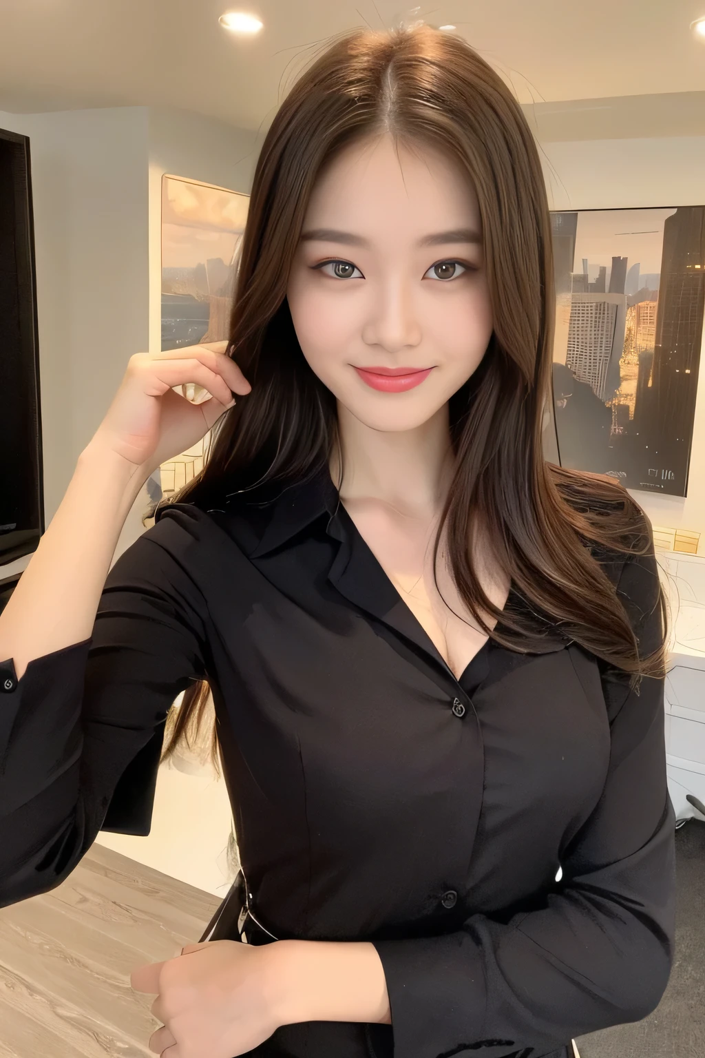((highest quality, 8K, masterpiece :1.3)), 1 girl, (smile:1.1) ,whole body, slim face, Beautiful woman, (perky firmed breasts), (dark brown hair), (Formal blouse、flare skirt :1.5), highly detailed face, fine eyes, double eyelid, slim face, TV Anchor woman, light shines on your face,