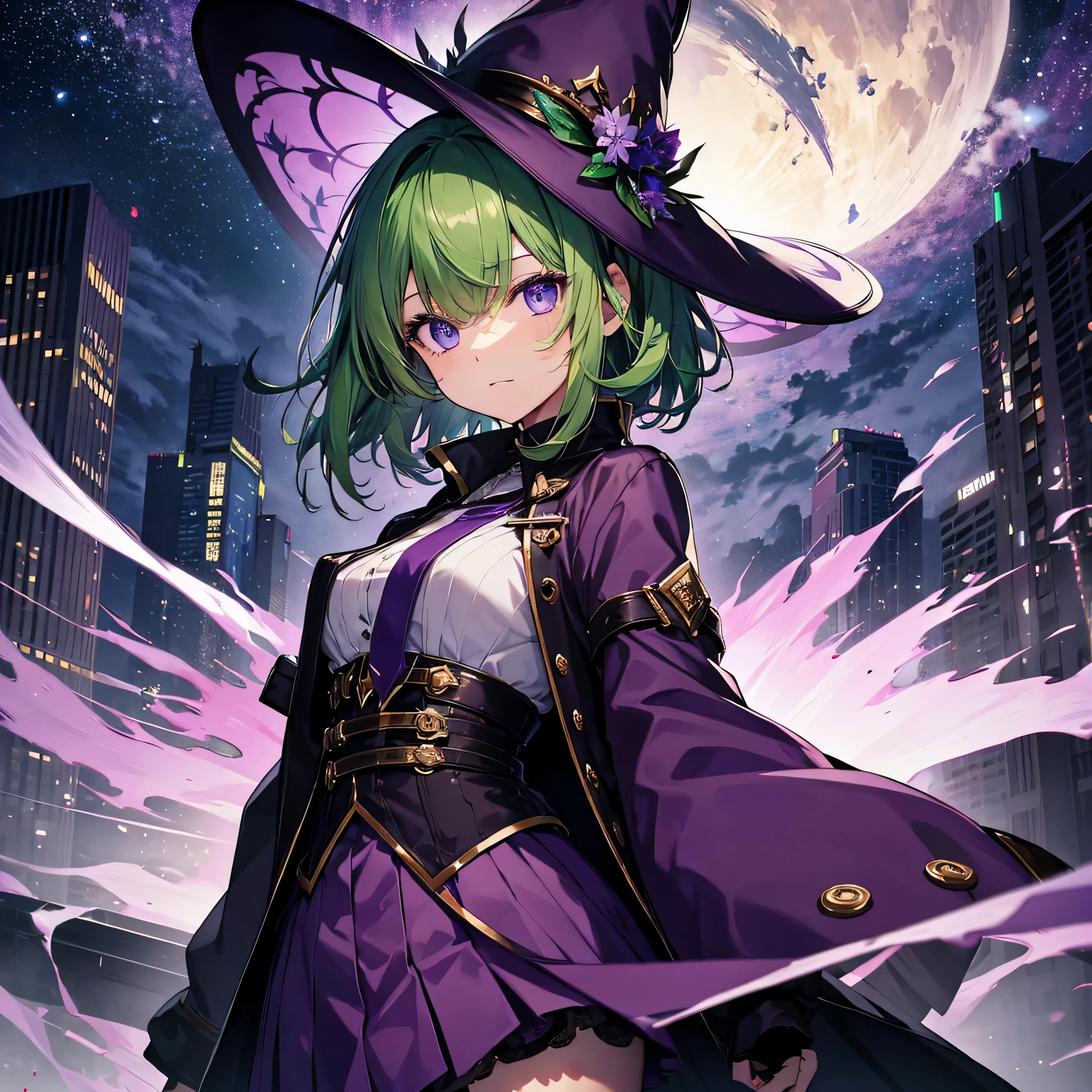 best image quality、beautiful eyes、green hair、purple eye