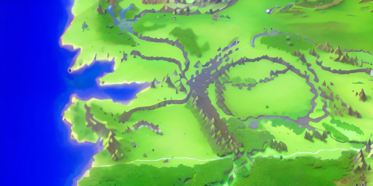 A fantasy world map of a region, mountain ranges, plains, forests, beach, badlands, clouds