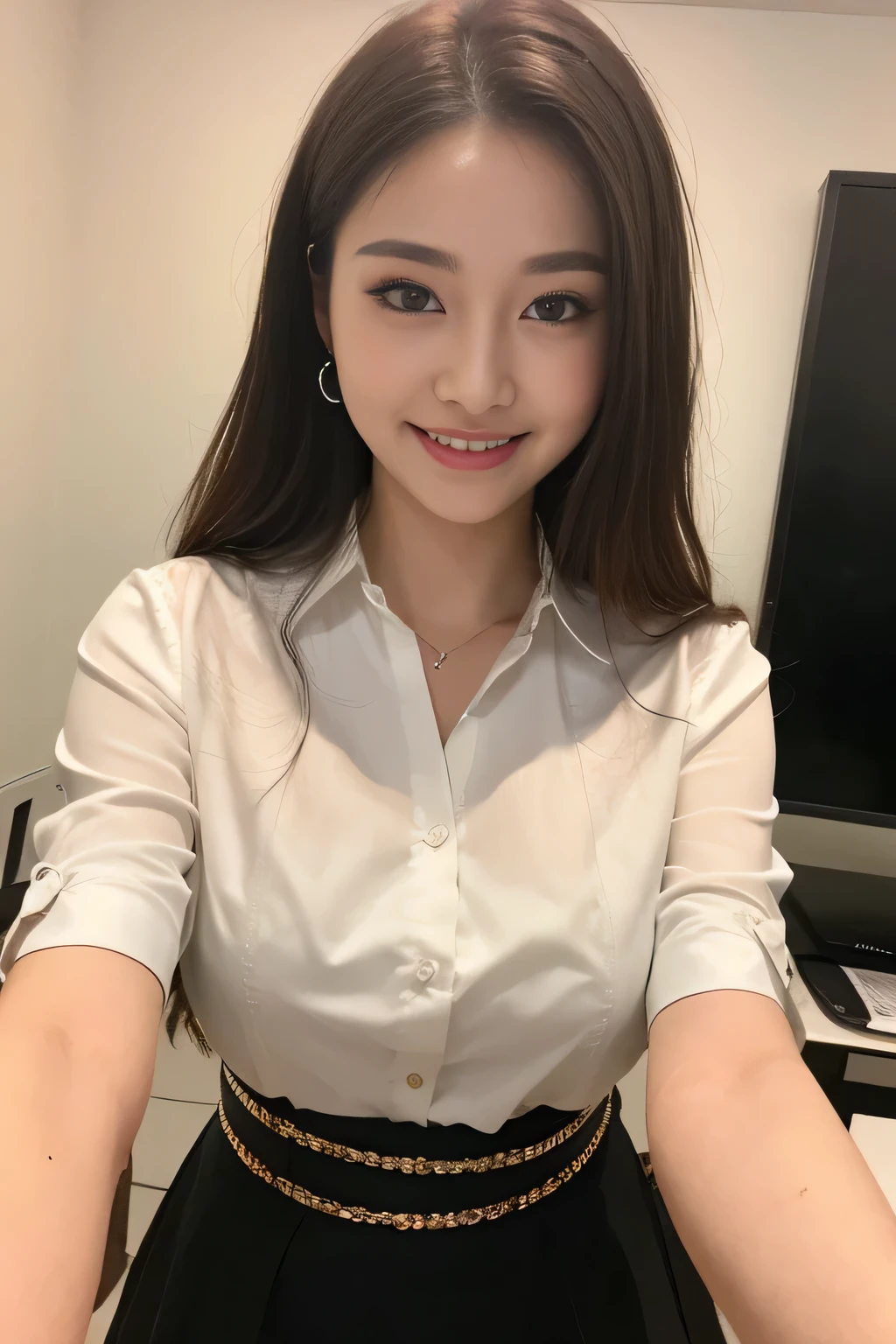 (Highest quality、Tabletop、8k、Best image quality、Award-winning works)、1 Beauty, very cute, Great face and eyes, (Beautiful lovely smile), (Highly detailed beautiful face), Bright and shiny lips, look at me、(Black tight mini skirt:1.1)、(Face close-up:1.3)、(White polyester open office blouse:1.3)、(Small cleavage:1.1)、 Accentuate your body lines、Slender body、Cinema Lighting、(Standing in a stylish and beautiful modern office corridor:1.2)、(Strongly blurred background:1.2)、(Romantic lighting for epic films:1.1)、(Accurate anatomy:1.1)、(Very white skin:1.2)、