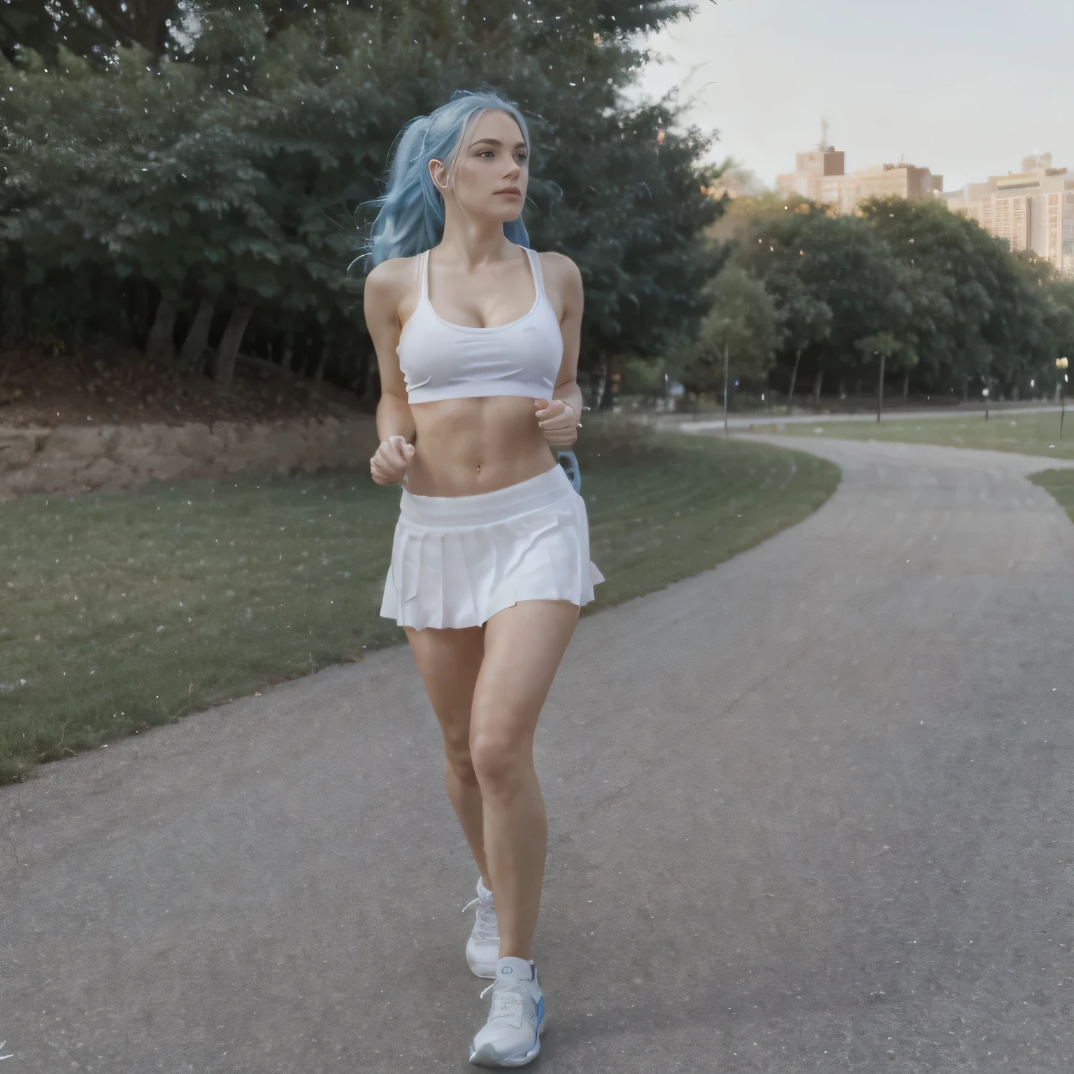 1girl called Aria Luxe, white croatian girl, very beautiful, long blue hair, blue hair highlights, silver hair highlights, large_breasts, cleavage, athletic figure, fit body, athletic, white short skirt, blue tanktop, midriff showing, nike tennis shoes, running, full body photo, full_body, sunny, outside, green park, 105mm