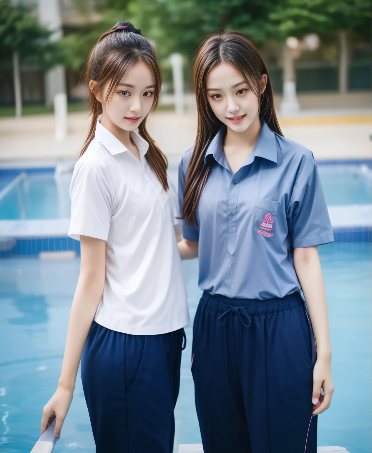 2 girls in the swimming pool, Navy blue short-sleeved shirt,Navy Long Trackpant,Sweatpants, Sweatpantsขายาว,25 year old girl, lesbian, sexy, exercise clothes, wet body