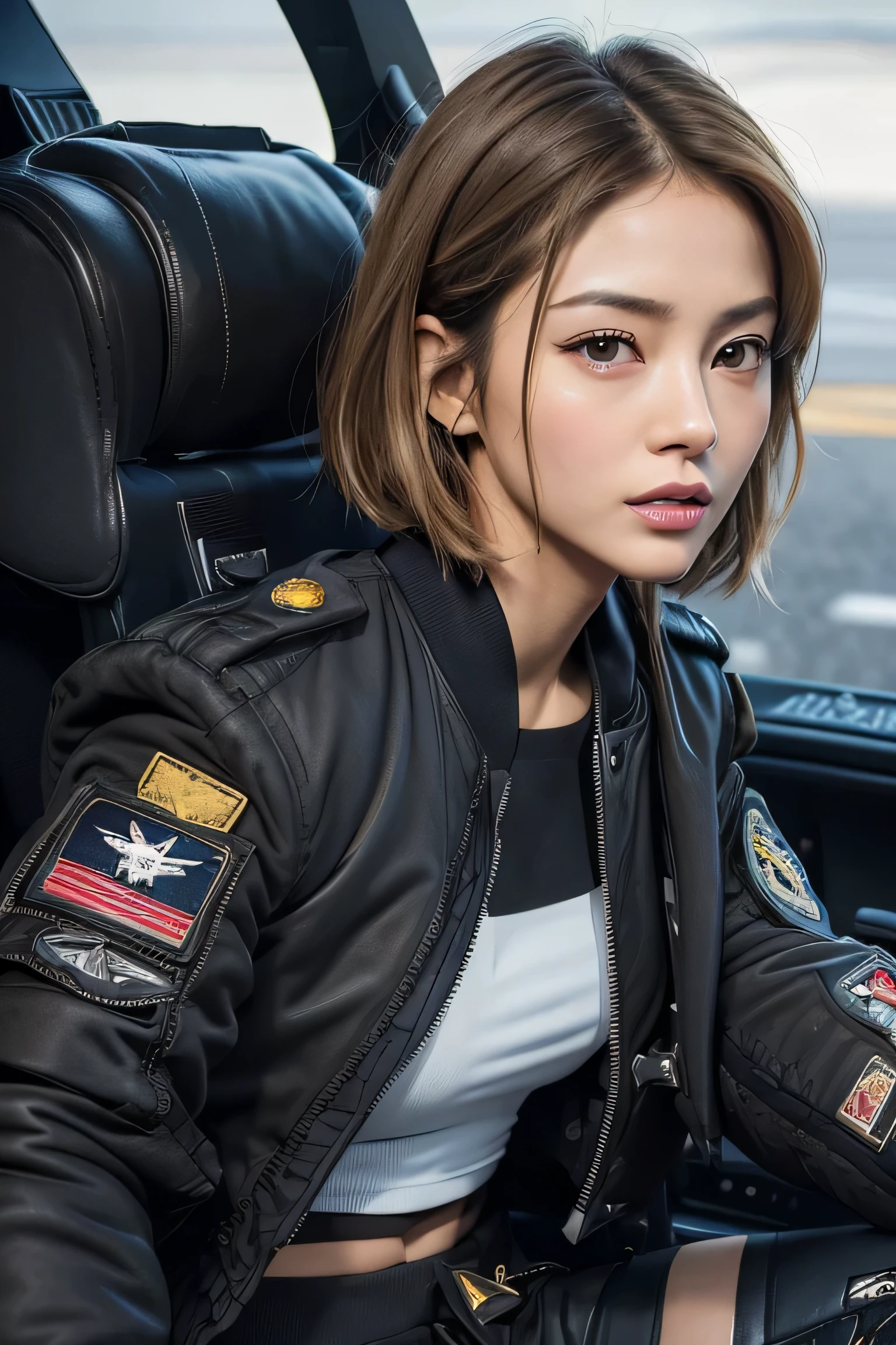 (masterpiece:1.2), Super detailed, ultra high resolution, (realistic, photo realistic:1.37), High-definition RAW color photos, professional photos, highly detailed face, very fine eyes, highly detailed skin, very fine fingers, highly detailed nose, highly detailed mouth, perfect anatomy, highly detailed background, (famous japanese actress:1.2), (Improve:1.25), flat chest, brown race, black skin, blonde hair, Very short cut hair, (Wearing a black air bomber jacket with many patches, cargo pants:1.3), (Fighter cockpit:1.6), Any Pose,
