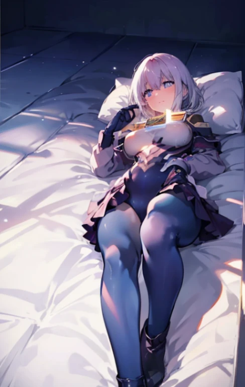 highest quality,sleep on your back in bed，mirror，Smartphone，Crab crotch，show me your boots，Leotard sneak peek，glove，elegant, 1 girl, ultraman bodysuit ，cute, blushed, looking at the viewer, from below, prison，blue eyes, beautiful eyes, beautiful background, particles of light, Light of the sun, dramatic lighting, outside, shiny, realistic, table top, highest quality, Super detailed, get used to it, scenery, beautiful and detailed eyes, thin hair，full body shot，