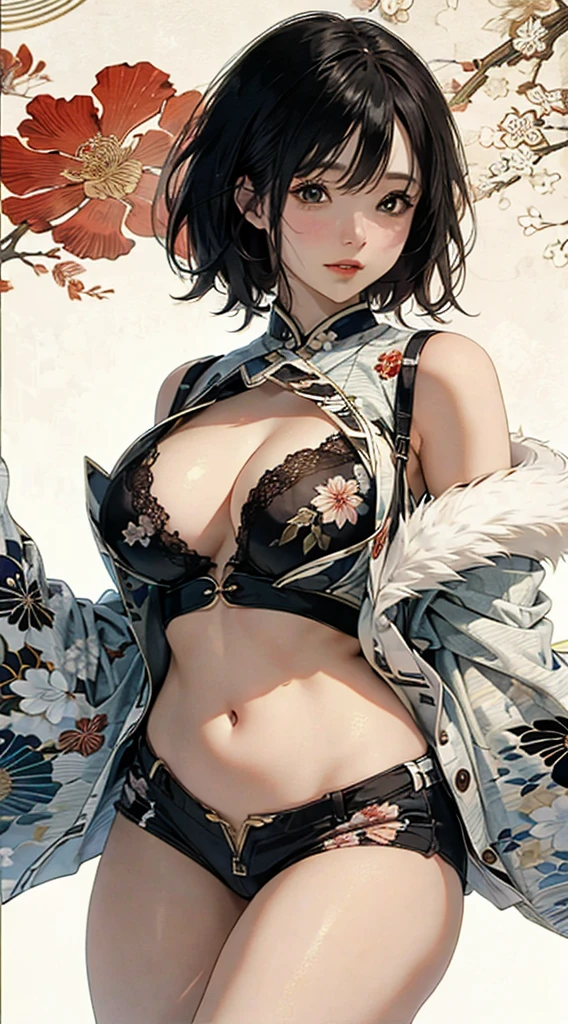 ((Extremely detailed CG unit 8k wallpaper, ​Masterpiece, high resolution, top quality, top qualityのリアルテクスチャスキン)), (a very beautiful woman, plump lips, upper part of body, Posing like a model:1.5, Japanese style short outer box, Japanese pattern super mini shorts:1.2), (A black-haired one, messy hair, white skinned, Show belly), ((Colored background design, Japanese pattern background, warm color)), (Surreal, number),