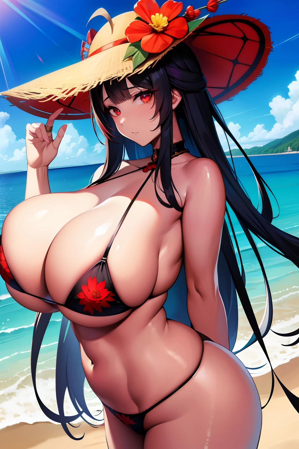 2d， tmasterpiece， best qualtiy， anime big breast， highly detailed eye， Highly detailed face， highly detailed back ground， perfect litthing， cowboy lens，  1girll， 独奏， standing on your feet， beachside，Bikini style，huge boob，hu tao\（genshin impact\）， pupils in symbol shapes， flower shaped pupils， Hats， red flower， red eyes， SakuraNS，