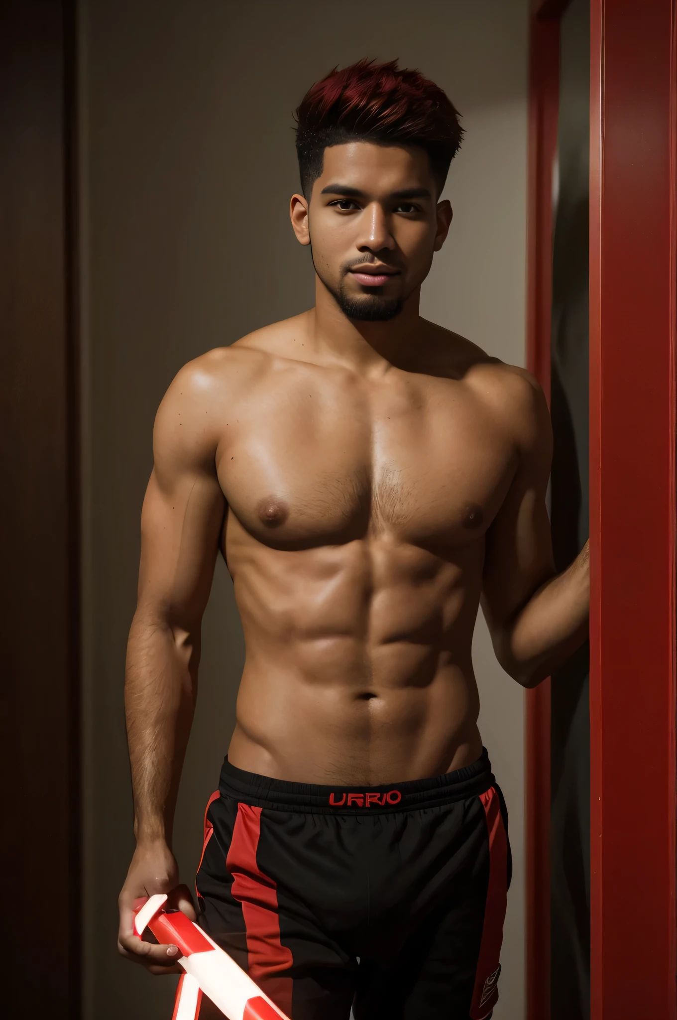 Black and red-haired mixed race man, 25 anos, extremamente bonito, Looking at the camera, 16k, Ultra HD, perfect lighting, Film grain, altamente detalhado, foto de corpo inteiro