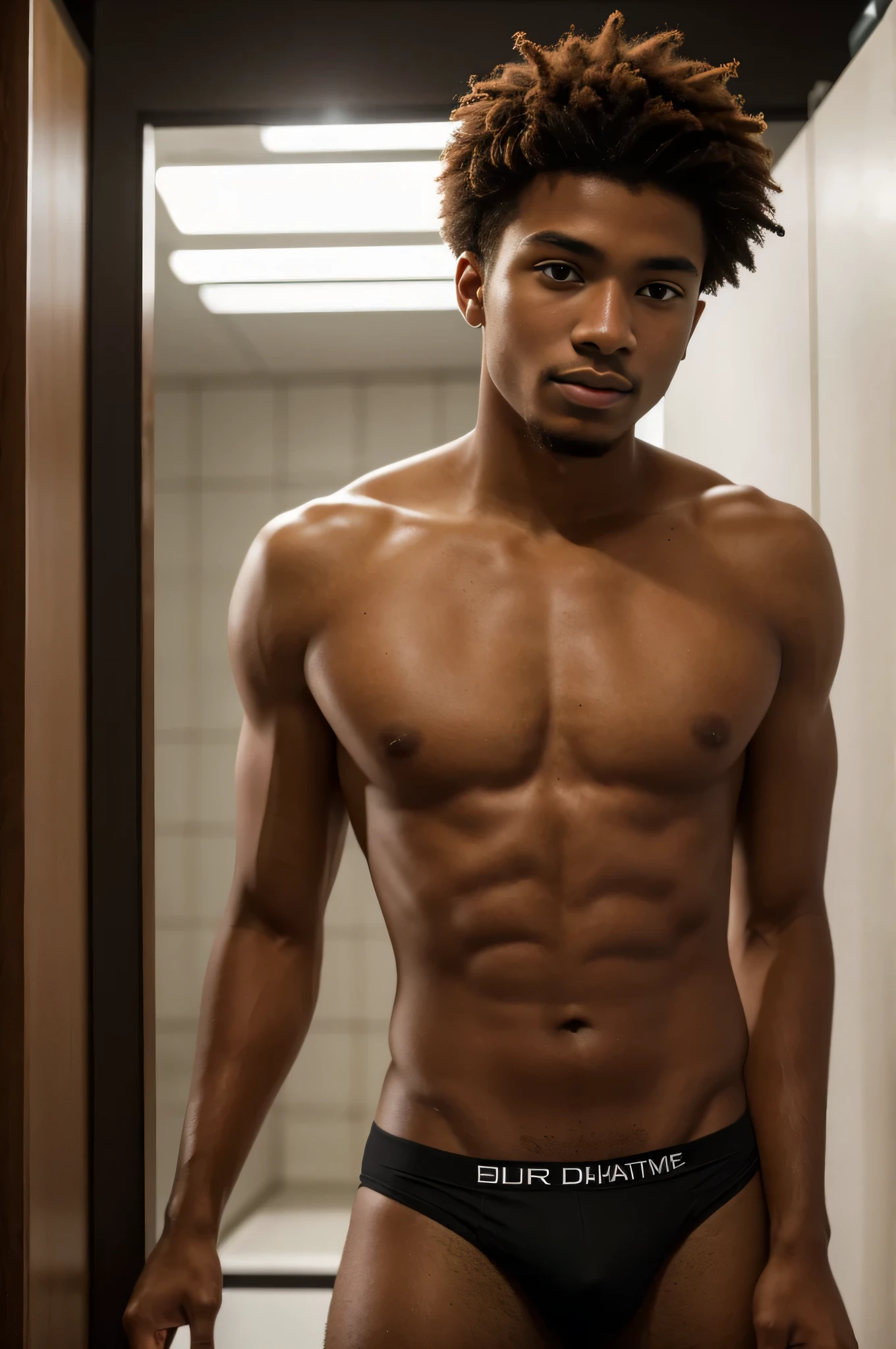 Natural redhead black mixed race man, 20 anos, ruivo natural, extremamente bonito, looking-into-camera, 16k, UHD, perfect lighting, grain of film, altamente detalhado, foto de corpo inteiro