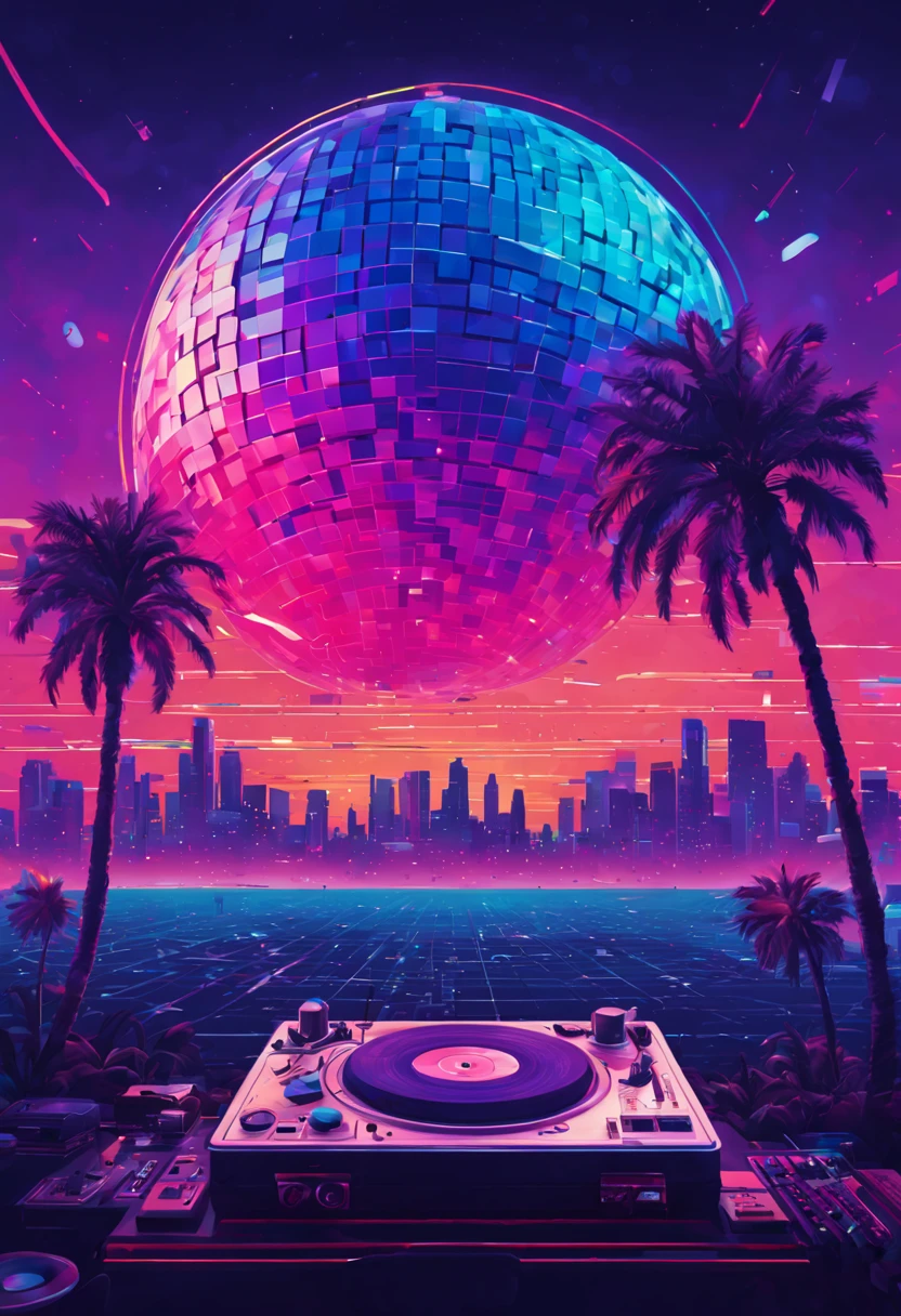 "best quality,4k,8k,highres,masterpiece:1.2,ultra-detailed,realistic:1.37,vivid colors,bokeh,HDR,UHD,studio lighting,ultra-fine painting,sharp focus,physically-based rendering,extreme detail description,professional"

In a retro disco, 80's, lines and lines, capsules and capsules of drug, Vaporwave Aesthetic style, lines and lines, silhouette of several musical notes suspended in the air, (an eighties DJ and his Pioneer dj set), vintage, magic, portraits, landscape, photography, concept artists, neon lights, pastel colors, dreamlike atmosphere, retro-futuristic vibes, digital glitch art, holographic effects, floating clouds, reflecting surfaces, chrome elements, 80s arcade game graphics, palm trees, pink and purple color scheme, city skyline, glowing sunsets, geometric shapes, pixel art, surrealistic elements, cyberpunk influences, nostalgic vibes, cassette tapes, psychedelic visuals, surreal landscapes, glitched-out visuals, vibrant and saturated colors, surreal sunsets, dreamy clouds, sunrays filtering through clouds, sparkling stars, disco ball, groovy beats, nostalgic atmosphere, nostalgic music, ethereal and magical ambiance, retro synthesizers, glowing city lights, dynamic motion, intricate details, expression of escapism.