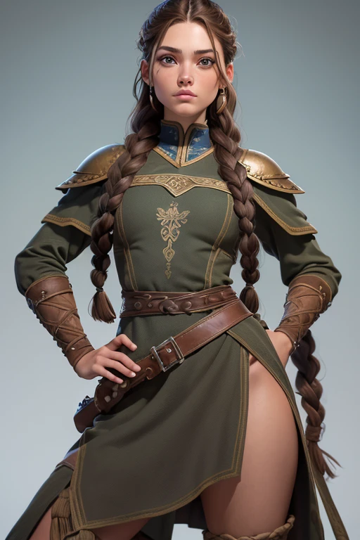 (Obra maestra, La mejor calidad) (young warrior woman of nordic descent), (ojos verdes), (Muscular), (falda de piel), (brown hair color),(loose hair with small braids on the scalp), (top con correa de cuero) plumas, capa sobre el hombro, bufas, (azul, gray and brown suit).