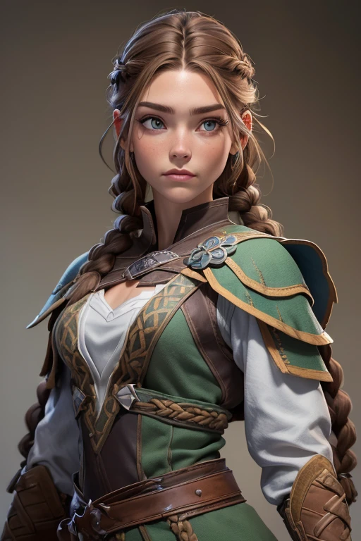 (Obra maestra, La mejor calidad) (young warrior woman of nordic descent), (ojos verdes), (Muscular), (falda de piel), (brown hair color),(loose hair with small braids on the scalp), (top con correa de cuero) plumas, capa sobre el hombro, bufas, (azul, gray and brown suit).