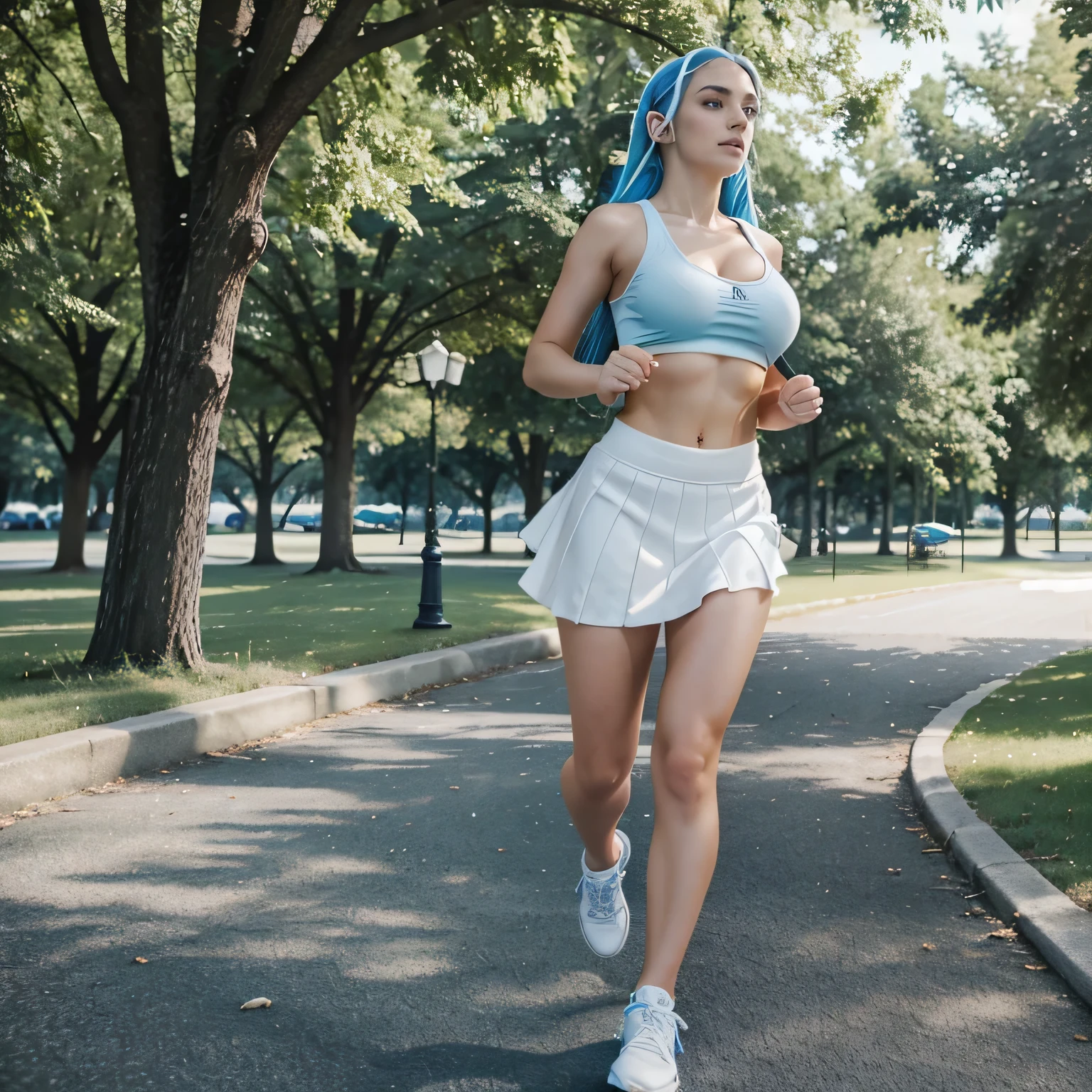 1girl called Aria Luxe, white croatian girl, very beautiful, long blue hair, blue hair highlights, silver hair highlights, large_breasts, cleavage, athletic figure, fit body, athletic, short skirt, white skirt, white tanktop, midriff showing, nike shoes, jumping, running in park, full body ptphoto, sunny, bright, 4k
