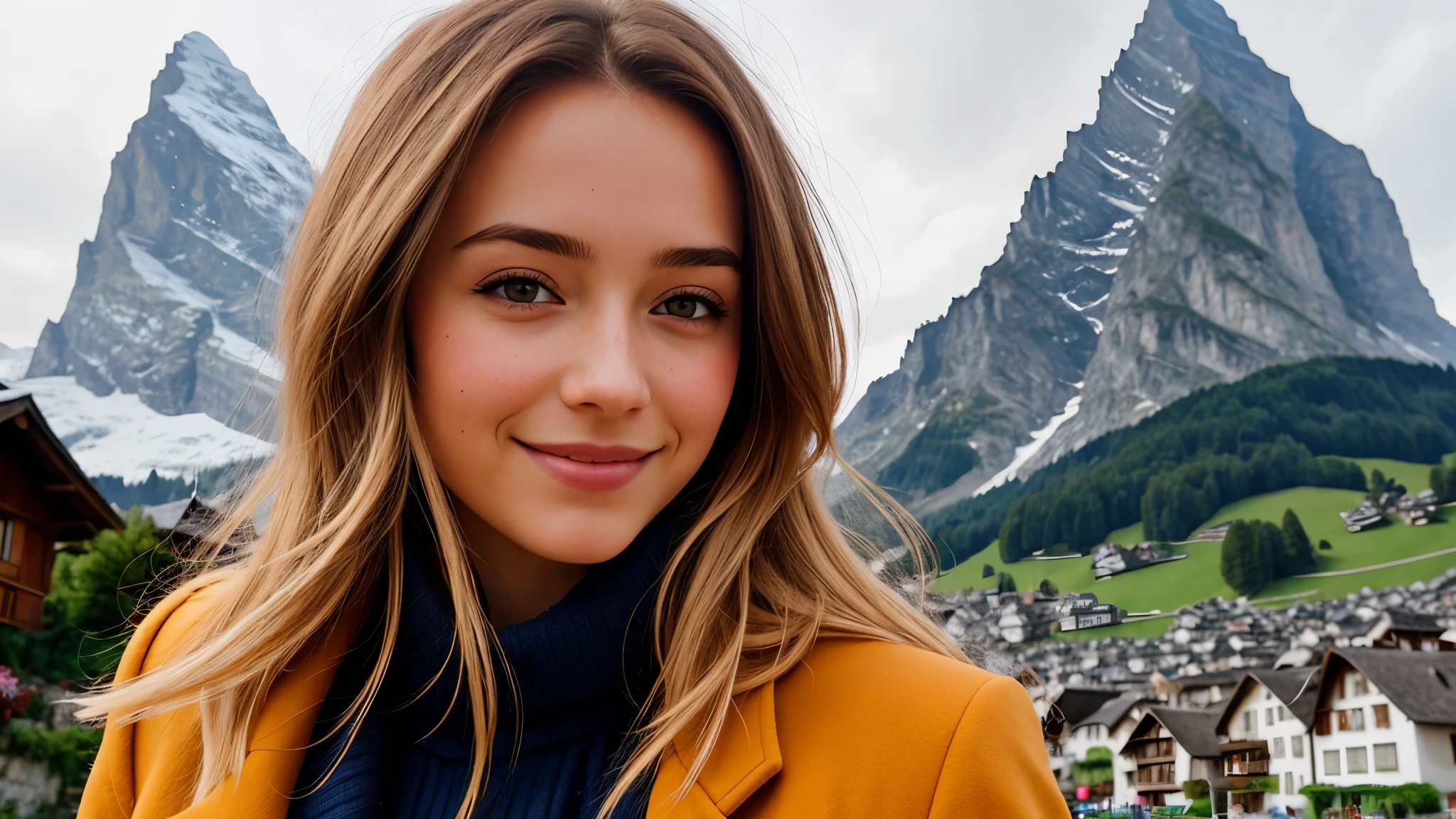 Instagram pictures, 1French Girl, Shoulder length hair, with light blonde hair, Close-up photo, coat, The background is the village of Grindelwald...., Switzerland, smile a little,