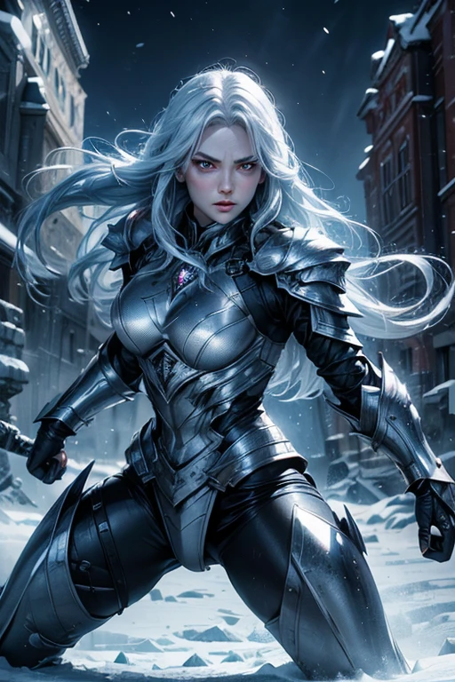 (masterpiece), best quality, (HD), (8k), extremely detailed, HDR, icy armor, wallpaper, expressive eyes, perfect eyes, perfect face, illustration, ((wallpaper)), epic, scene, icy night, moon, moonlight, sharp image, clear image, amazing details, cinematic, specular lighting, 35mm film, cinematic, ((detailed background)), ((dynamic fighting pose))  ((gradient eyes)), icy red eyes, overdrive, special effects, destruction,long white hair, Snow storm background