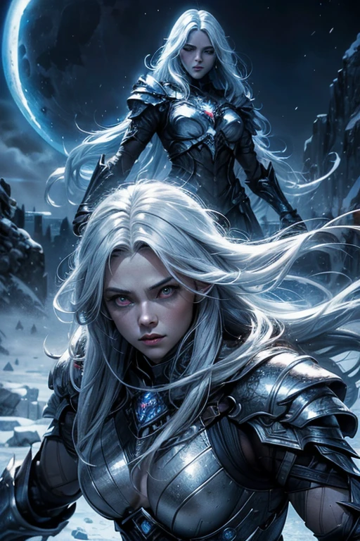 (masterpiece), best quality, (HD), (8k), extremely detailed, HDR, icy armor, wallpaper, expressive eyes, perfect eyes, perfect face, illustration, ((wallpaper)), epic, scene, icy night, moon, moonlight, sharp image, clear image, amazing details, cinematic, specular lighting, 35mm film, cinematic, ((detailed background)), ((dynamic fighting pose))  ((gradient eyes)), icy red eyes, overdrive, special effects, destruction,long white hair, Snow storm background