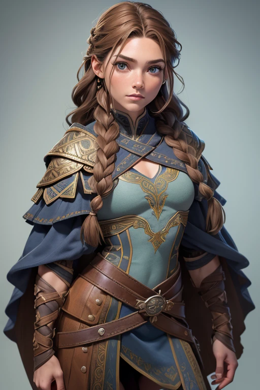 (Obra maestra, La mejor calidad) (young warrior woman of nordic descent), (ojos verdes), (Muscular), (falda de piel), (brown hair color),(loose hair with small braids on the scalp), (top con correa de cuero) plumas, capa sobre el hombro, bufas, (azul, gray and brown suit).