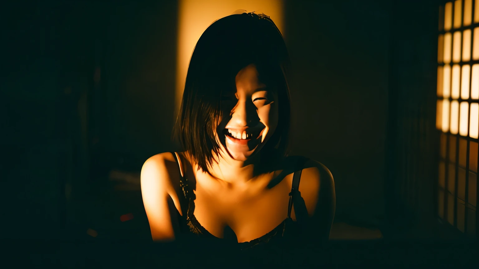 In the dark、woman laughing secretly、1 person、Japanese、beautiful woman