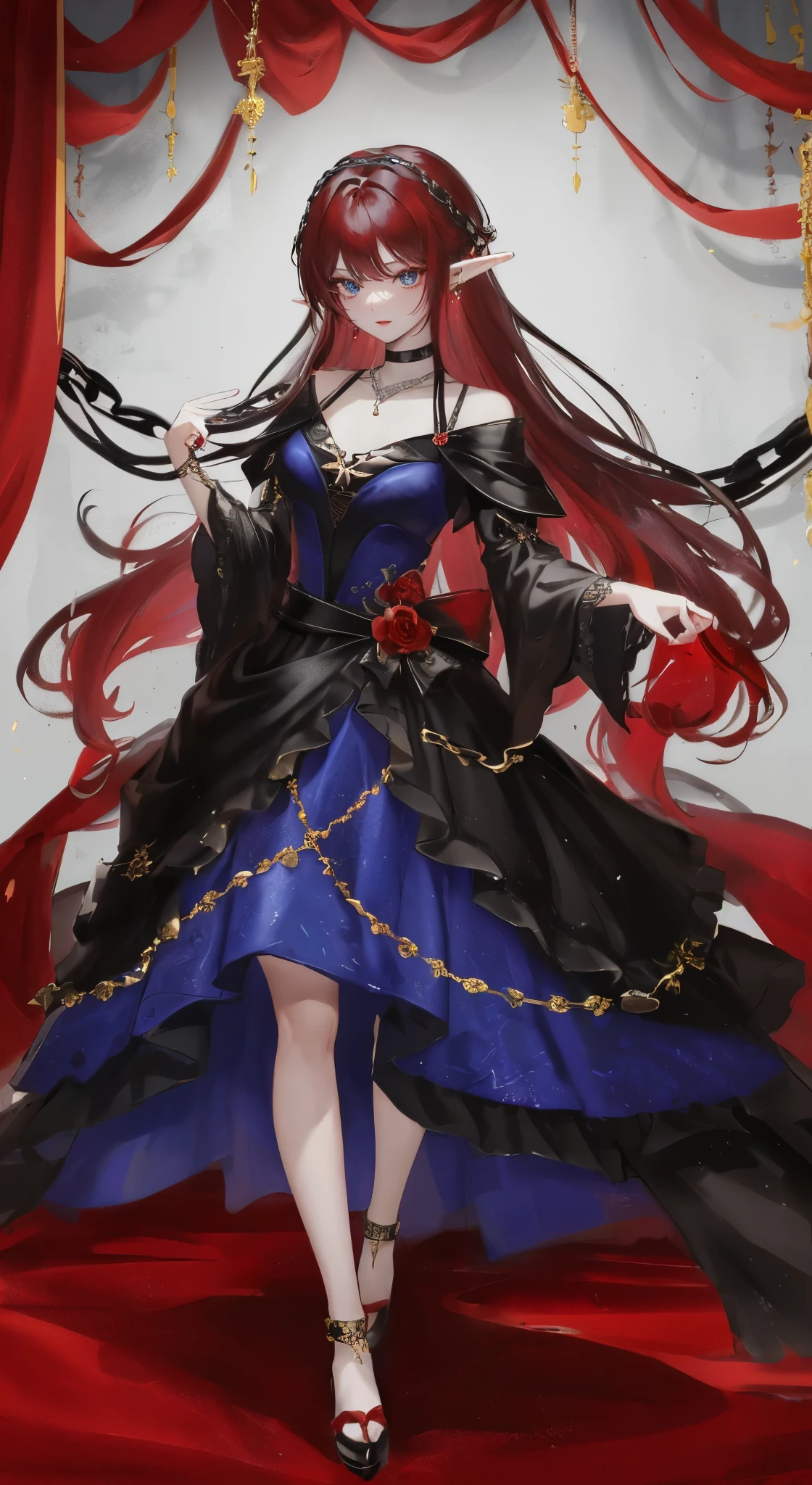 black红色短发,close up,dream world,Elf royal sister,red lips,Long dark red hair,Nice blue eyes,Prom Hall,grace,earrings,(荆棘earrings,Thorn Head Chain),necklace,humanoid, Prom background,Baroque, her skin is white, fair complexion,(red evening dress,black色的火焰与荆棘,Thorn Dress),black色玫瑰,black,black,High heel,